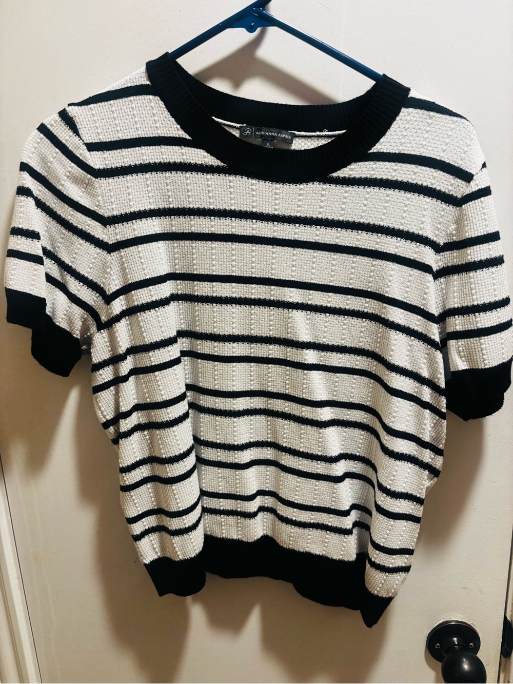 Adrianna Papell Black & White Striped Short-Sleeve Crew Neck Sweater